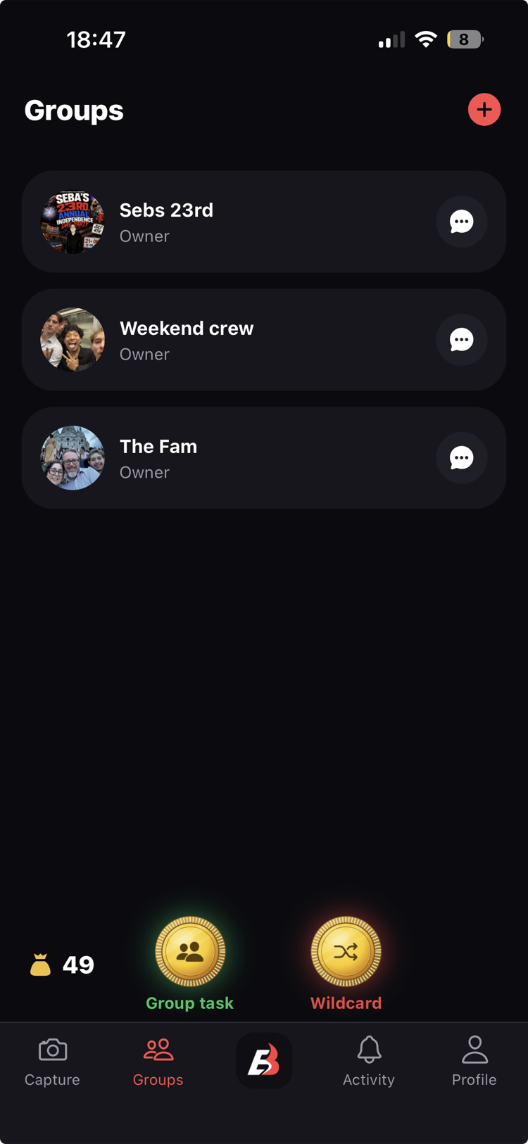 Your groups, with group task and wildcard coins
